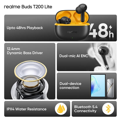realme Buds T200 Lite – 12.4mm Bass Driver | AI ENC | 48H Playback | Fast Charging